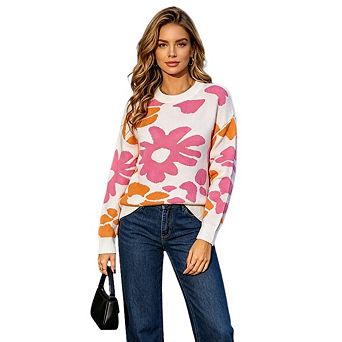 Women's Casual Crew Neck Long Sleeve Top Loose Floral Jacquard Knit Pullover Sweaters