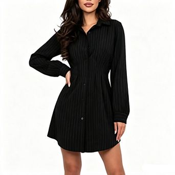 Women's Long Sleeve Button Down Slouchy Drop Shoulder Casual Mini Striped Shirt Dress