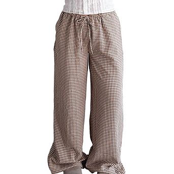 Women Gingham Wide Leg Pants Elastic Drawstring Waist Loose Fit Plaid Casual Long Trousers