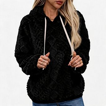Women's Loose Fit Plush Jacquard Hooded Pullover Sweatshirt
