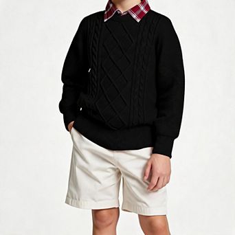 Boys' Cable Knit Argyle Crew Neck Long Sleeve Pullover Sweater