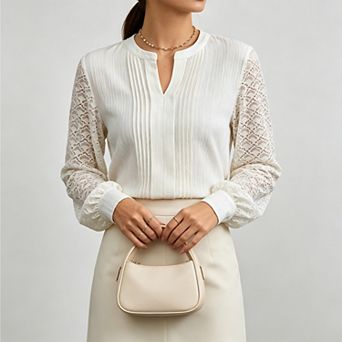 Women's Notched v‑Neck Pleated Lace Puff Long Sleeve Blouse, Casual Business Work Top