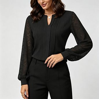 Women's Notched v‑Neck Pleated Lace Puff Long Sleeve Blouse, Casual Business Work Top