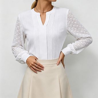 Women's Notched v‑Neck Pleated Lace Puff Long Sleeve Blouse, Casual Business Work Top