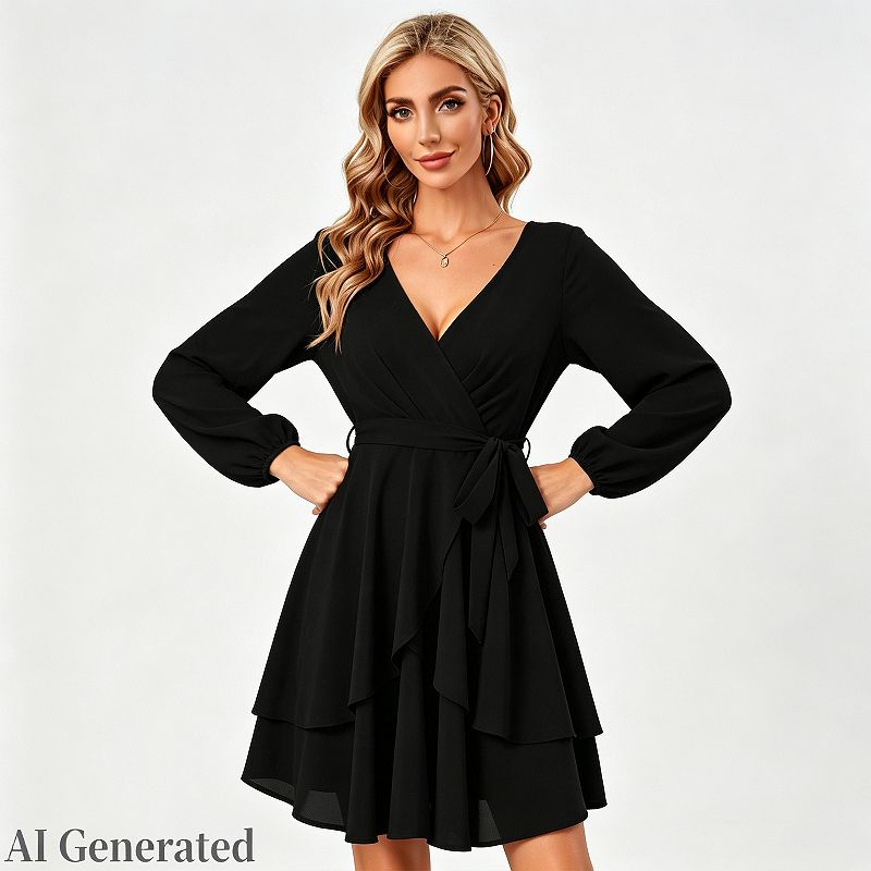flowy long sleeve mini dress Womens Skater Dresses v Neck Tie Waist Solid Ruffle Boho Swing casual short flowy dress