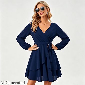 Womens Skater Dresses v Neck Long Sleeve Tie Waist Solid Ruffle Boho Flowy Swing Mini Dress