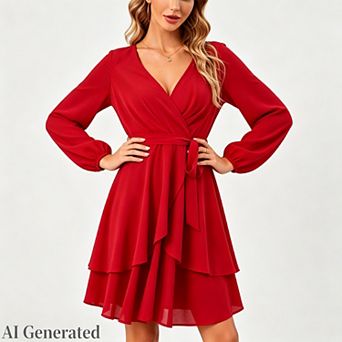 Womens Skater Dresses v Neck Long Sleeve Tie Waist Solid Ruffle Boho Flowy Swing Mini Dress