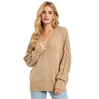 Women's V Neck Sweater Retro Solid Color Long Sleeve Cable Knit Pullover