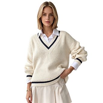 Women's Casual V neck Long sleeved Knitted Pullover Sweater Top