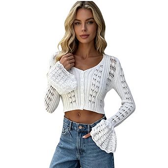 French Style Knitted Women's V Neck Knitted Openwork Bell Sleeve Long Sleeved Cardigan