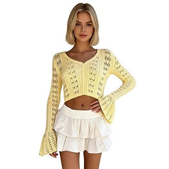 French Style Knitted Women's V Neck Knitted Openwork Bell Sleeve Long Sleeved Cardigan