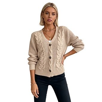 Women's Cardigan V Neck Long Sleeved Chunky Knit Cable Knit Sweater Button Down Top