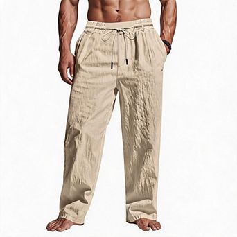 Men Casual Pants Elastic Waist Drawstring Straight Leg Loose Trousers For Summer Beach Daily Wear
