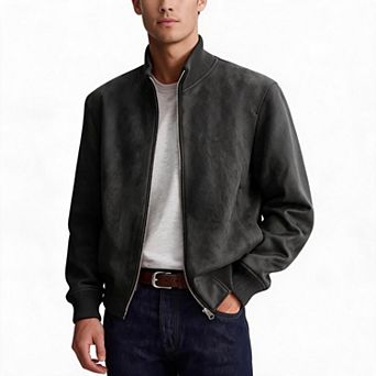 Men Bomber Jacket Stand Collar Full Zip Ribbed Cuffs Hem Casual Outerwear Daily Lightweight Coat