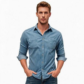 Men Button Down Shirt Collar Long Sleeve Dual Chest Pockets Casual Regular Fit Outdoor Daily Shirt