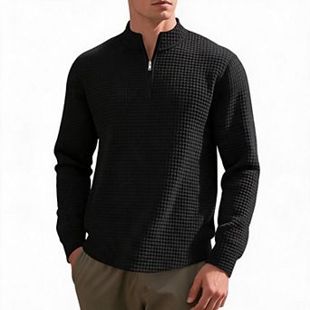 Men Quarter Zip Pullover Stand Collar Long Sleeve Textured Knit Casual Daily Layer Top For Men