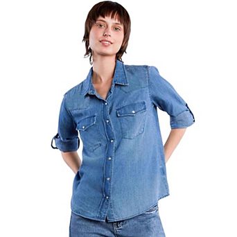 Women's Denim Shirt Button Down Long Sleeve Casual V Neck Lightweight Blouse Jean Top