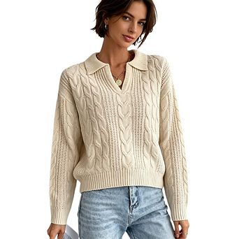Women's Loose Fitting Knitted Sweater With Collar V Neck Chunky Knit Pullover Top