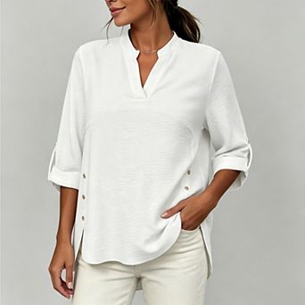 Women's Roll‑Up 3/4 Sleeve Notch v Neck Side Button Slit Tunic Shirts Casual Business Blouse