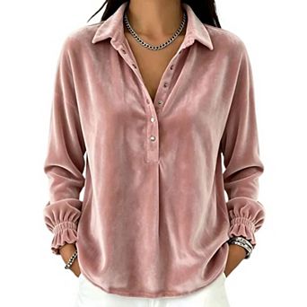 Women's Collared Henley Half Button Velvet Blouse Loose Long Sleeve Smocked Cuff Casual Tunic Top