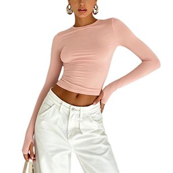 Women's Crew Neck Long Sleeve Crop Top Fitted Thumb Hole Cuff Basic Casual Tee Shirts