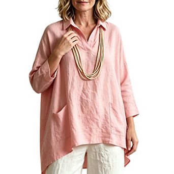 Women Linen‑Blend Collared V‑Neck 3/4 Sleeve Oversized Tunic Top With Pockets