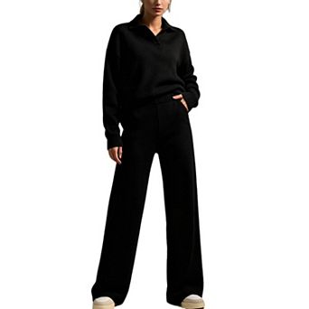 Women's Polo Collar Knit Two Piece Outfit Relaxed Long Sleeve Top Wide Leg Pants Loungewear Set