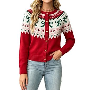 Women's Round Neck Bow Fair Isle Cardigan Festive Jacquard Button Down Long Sleeve Knit Sweater