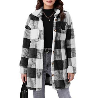 Women's Plaid Fuzzy Shacket Mid Length Button Down Casual Warm Outercoat With Pockets