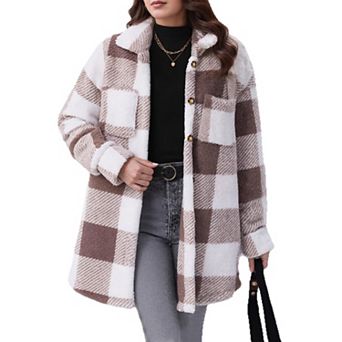 Women's Plaid Fuzzy Shacket Mid Length Button Down Casual Warm Outercoat With Pockets