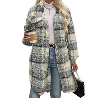 Women's Plaid Fuzzy Shacket Mid Length Lapel Button Front Oversized Warm Outerwear Coat