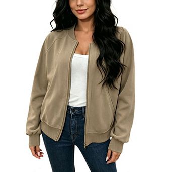 Women's Raglan Long Sleeve Zip Up Bomber Jacket Casual Work Office Loose Stand Collar Outerwear