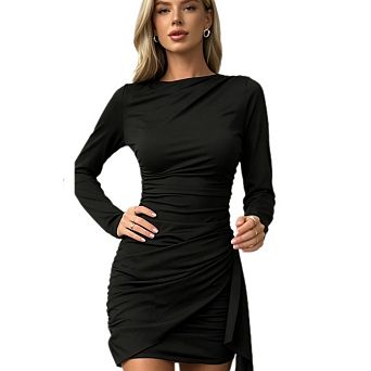 Women Long Sleeve Side Tie Ruched Wrap Design Fitted Bodycon Short Dress
