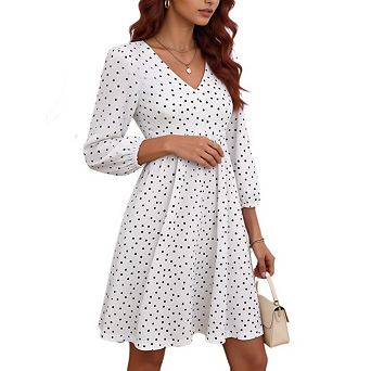 Women Three Quarter Sleeve V‑Neck Polka Dot Zip Back Flowy A‑Line Midi Dress
