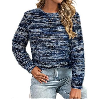 Womens Crew Neck Fuzzy Space‑Dye Knit Sweater Long Sleeve Loose Fit Cropped Pullover