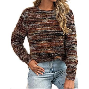 Womens Crew Neck Fuzzy Space‑Dye Knit Sweater Long Sleeve Loose Fit Cropped Pullover