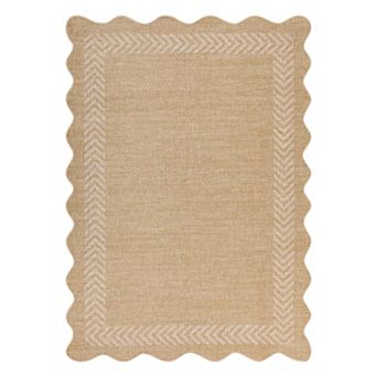 Easy Jute Scalloped Border Machine Washable Area Rug Stain Resistant Carpet for Bedroom Porch
