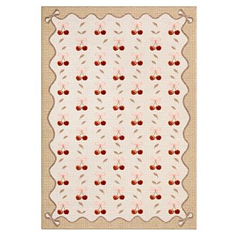 Washable Sweet Cherry Scalloped Border Area Rug Cute Bow Trim Indoor Decor Carpet