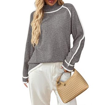Women Pullover Long Sleeve Sweaters Mock Neck Knit Color Block Ribbed Hem Casual Going Out Tops