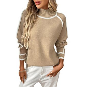 Women Pullover Long Sleeve Sweaters Mock Neck Knit Color Block Ribbed Hem Casual Going Out Tops