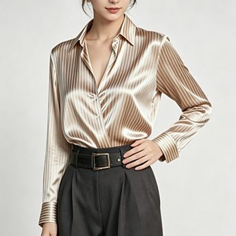 Women's Satin Button Down v-Neck Long Sleeve Striped Shirts Business Office Silky Blouses
