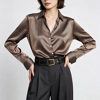 Women's Satin Button Down v-Neck Long Sleeve Striped Shirts Business Office Silky Blouses
