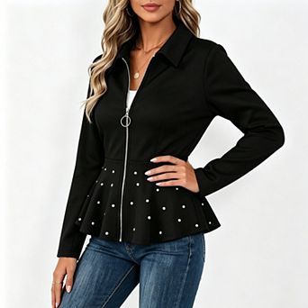 Women Collared Zip‑Up Peplum Jacket, Long‑Sleeve Outerwear with Pearl Embellished Flared Hem
