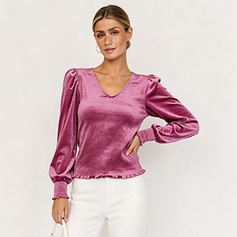 Women V‑Neck Smocked Velvet Top, Puff Long Sleeve Blouse with Ruffle Cuffs and Hem