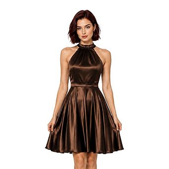 Artyska Women's Satin High Neck Fit & Flare Mini Dress with Pockets