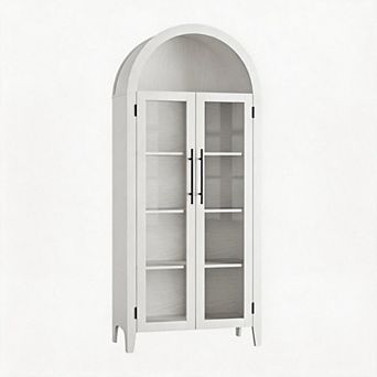 Arched Kitchen Pantry Storage Cabinet, 5 tier Bookshelf with Glass Doors for Dining Room