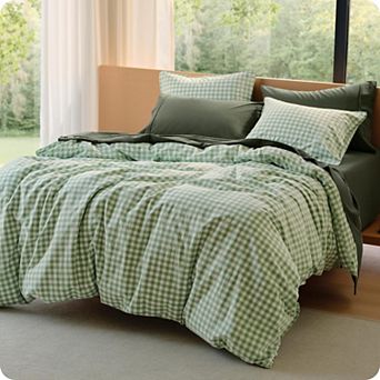 Bedsure Gingham Duvet Cover Queen, 100% Washed Cotton Duvet Cover Linen‑Like, PureWoven with