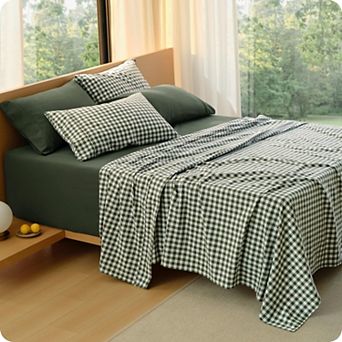 Bedsure Gingham Queen Sheet Set - 100% Washed Cotton Linen Feel, 18" Deep Pocket Breathable