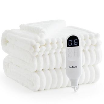Bedsure Fluffy Faux Rabbit Fur Heated Blanket Throw - Super Soft Bubble Electric Blanket, Heating