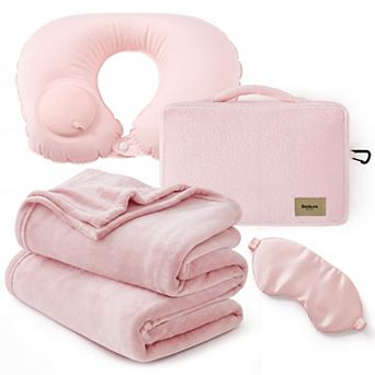 Bedsure Travel Blanket Set with Inflatable Neck Pillow and Eye Mask - Lightweight 3-in-1 Airplane
